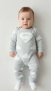 Baby Boy Super Hero Misty Gray Romper With White Cloud Motif