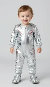 Baby Boy Super Hero Silver Metallic Jumpsuit With Chrome