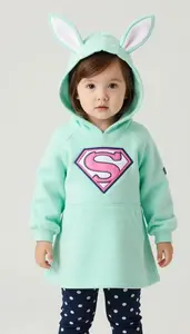 Baby Girl Superhero Mint Green Hoodie Dress With Bunny Ear