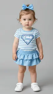 Baby Girl Superhero Sky Blue And White Candy Striped Top