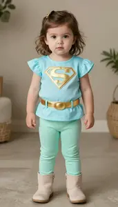 Baby Girl Superhero Sky Blue Glow Blouse With Golden Belt