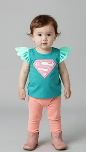 Baby Girl Superhero Teal Glow Blouse With Wing Trim And