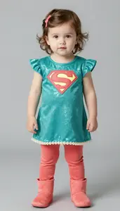 Baby Girl Superhero Teal Shimmer Tunic With Pearl Hem And