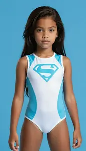 Girl Superhero Cyan And White Tight Bodysuit Flowing Accent
