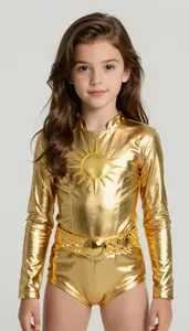 Girl Superhero Golden Suit With Sunburst Chest Mark Bright