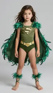 Girl Superhero Olive Suit With Feather Cape Wind Swirl