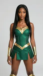 Girl Superhero Rich Emerald Form Fitting Suit Gold Trim