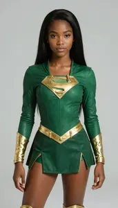 Girl Superhero Rich Jade Green Form Fitting Suit Gold Accent