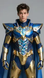 Male Superhero Azure And Gold Combat Armor With Luminous