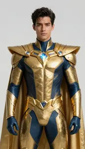 Male Superhero Indigo And Gold Exo Suit With Luminous Crest