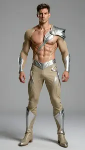 Male Superhero Muscular Male Warrior In Khaki And Silver