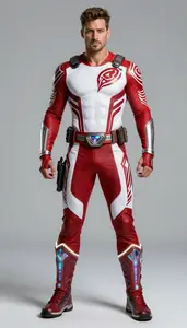 Male Superhero Strong Male Physique Showcasing Crimson And