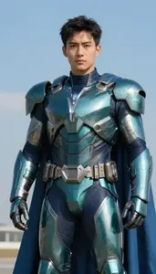 Male Superhero Teal And Steel Flight Armor With Aerodynamic