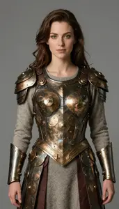 Woman Superhero Armor Of Layered Bronze Discs Like A Coat Of