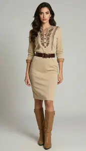 Woman Superhero Khaki Beige Fitted Dress With Brown