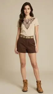 Woman Superhero Khaki Beige Fitted Top With Brown