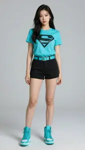 Woman Superhero Neon Cyan Shirt With Black Diamond Patterns