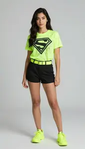 Woman Superhero Neon Lime Green Shirt With Black Geometric