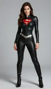 Woman Superhero Ruby And Black Battle Suit With Tall Boots