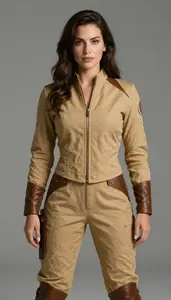 Woman Superhero She Wears A Practical Suit Of Tan Canvas