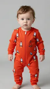 Baby Boy Super Hero Bold Orange Red Jumpsuit With A Pattern
