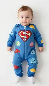 Baby Boy Super Hero Deep Ocean Blue Jumpsuit With A Pattern