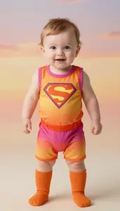 Baby Boy Super Hero Sunset Amber Orange Romper With Pink