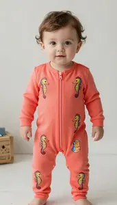 Baby Boy Super Hero Vibrant Coral Jumpsuit With A Pattern Of