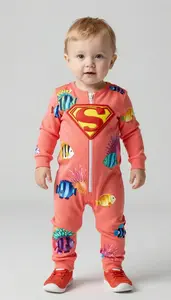 Baby Boy Super Hero Vibrant Coral Jumpsuit With A Pattern Of