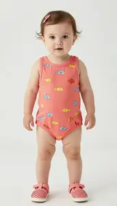 Baby Girl Superhero Coral Romper With A Pattern Of Tiny