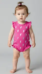 Baby Girl Superhero Fuchsia Romper With A Ruffle Trimmed Hem