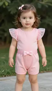 Baby Girl Superhero Peach Jumpsuit With Fluttery Semi Sheer