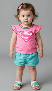Baby Girl Superhero Pink Glow Blouse With Rainbow Trim And