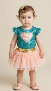 Baby Girl Superhero Teal Glitter Blouse With Golden Belt And