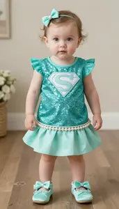 Baby Girl Superhero Teal Sparkle Tunic With Pearl Hem And