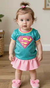 Baby Girl Superhero Teal Shimmer Blouse With Rainbow Trim