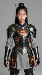 Girl Superhero Burnished Black Plate Armor With Orange