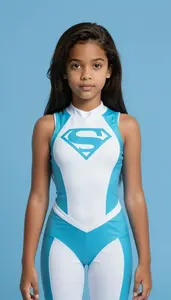Girl Superhero Cyan And White Tight Suit Flowing Accent