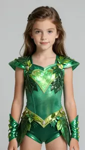 Girl Superhero Emerald Suit With Leaf Patterns Vine Belt