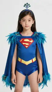 Girl Superhero Peacock Blue Suit Feather Trim Cape