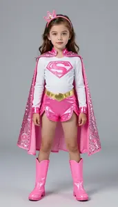 Girl Superhero Pink And White Suit With Sparkle Cape Glow