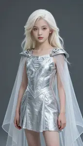Girl Superhero Silver Metallic Dress With Flowing Sheer Cape