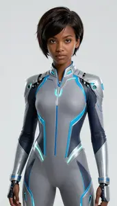 Girl Superhero Slate Grey Suit Neon Blue Accent Patterns