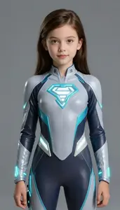 Girl Superhero Sleek Futuristic Grey And Cyan Suit With
