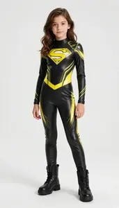 Girl Superhero Sleek Skintight Suit Of Black With Vibrant