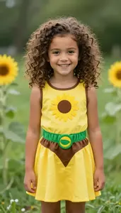 Girl Superhero Sunflower Yellow Dress Brown Green Trim Tan