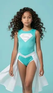Girl Superhero Turquoise Tight Bodysuit White Flowing Panels