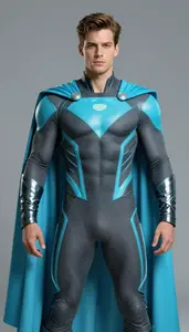 Male Superhero Charcoal And Neon Cyan Suit With Electric