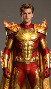 Male Superhero Golden Amber And Crimson Suit With Sun Flare