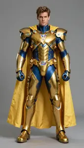 Male Superhero Golden Amber And Cobalt Battle Armor With
